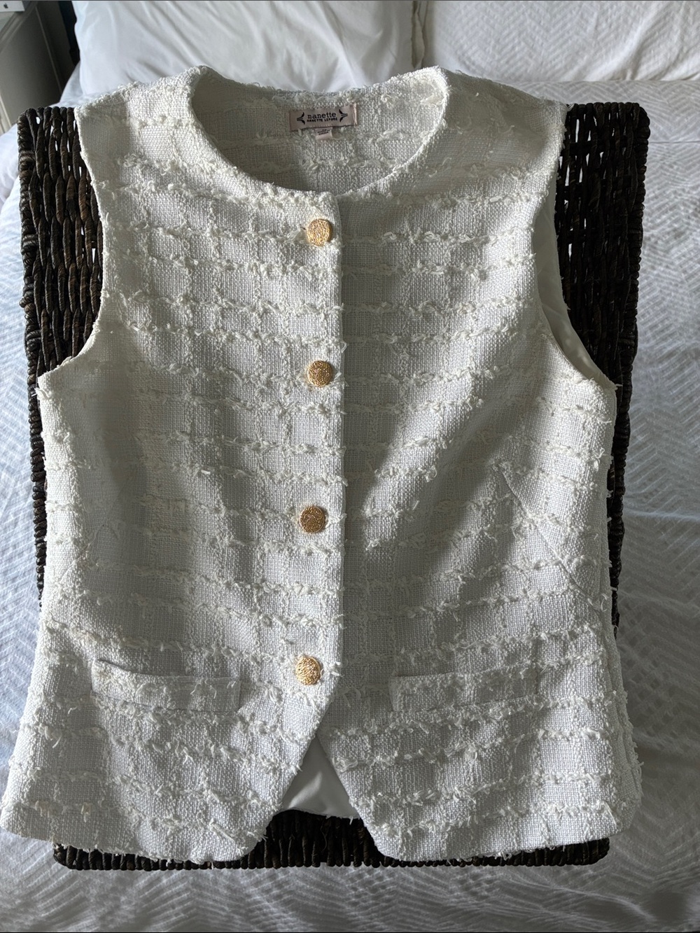 Nanette Lepore White/Cream Tweed Women’s Vest with Gold Buttons M